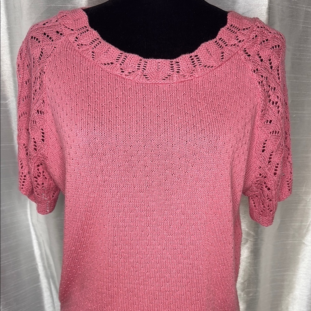 Haband Pink Crochet Knit Acrylic Wide Crew Neck Short Sleeve Sweater Women’s M